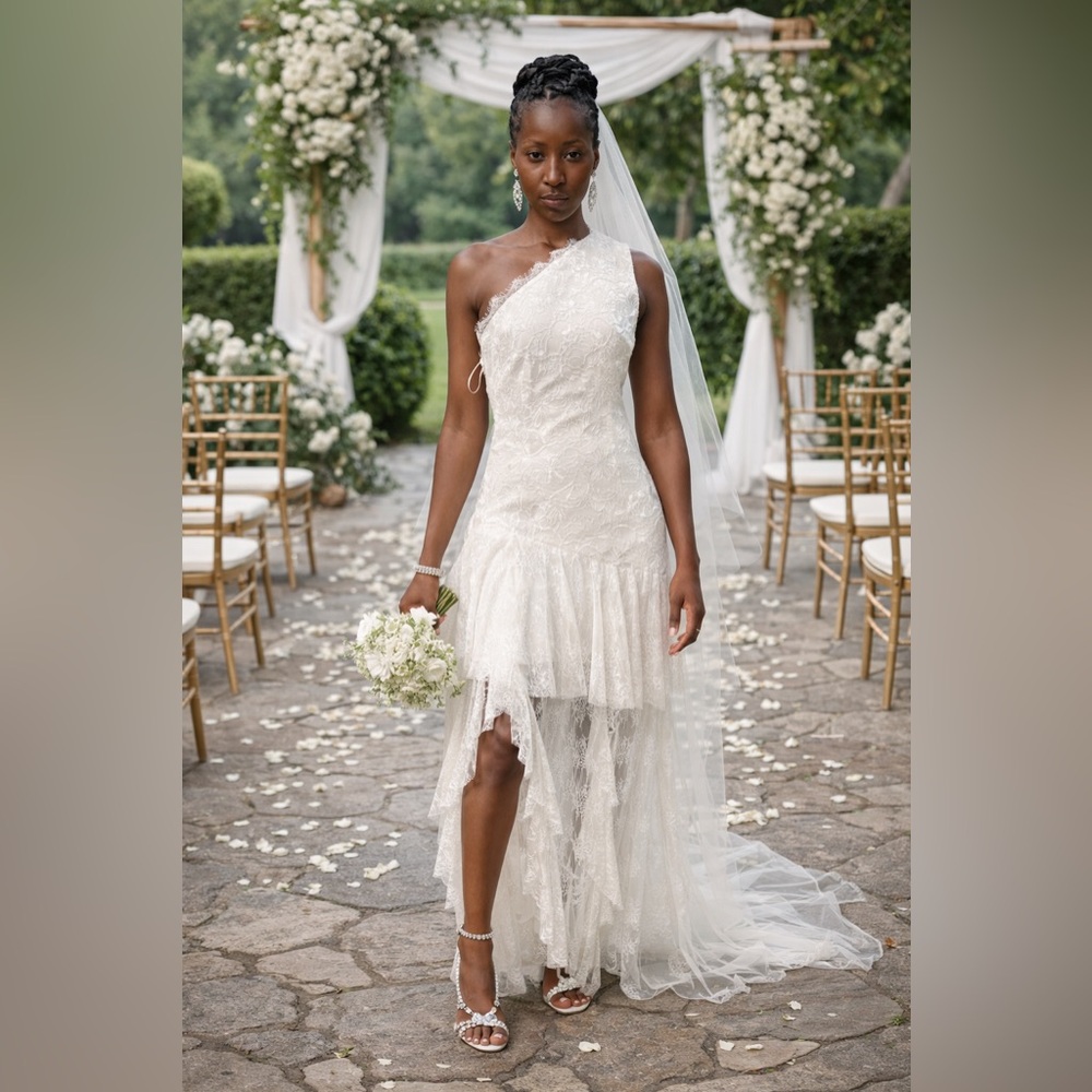 Elliatt One-Shoulder Ivory Lace High-Low Wedding Dress